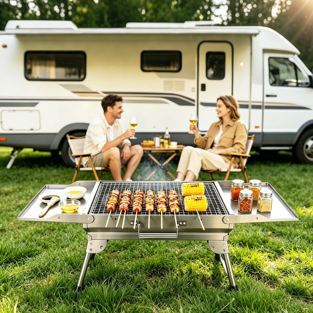 Camping Charcoal Grill, Foldable Portable BBQ Barbecue Grill with Dual Side Panels, Ventilation Holes, Full Set of Grilling Accessories for Lawn & Picnic