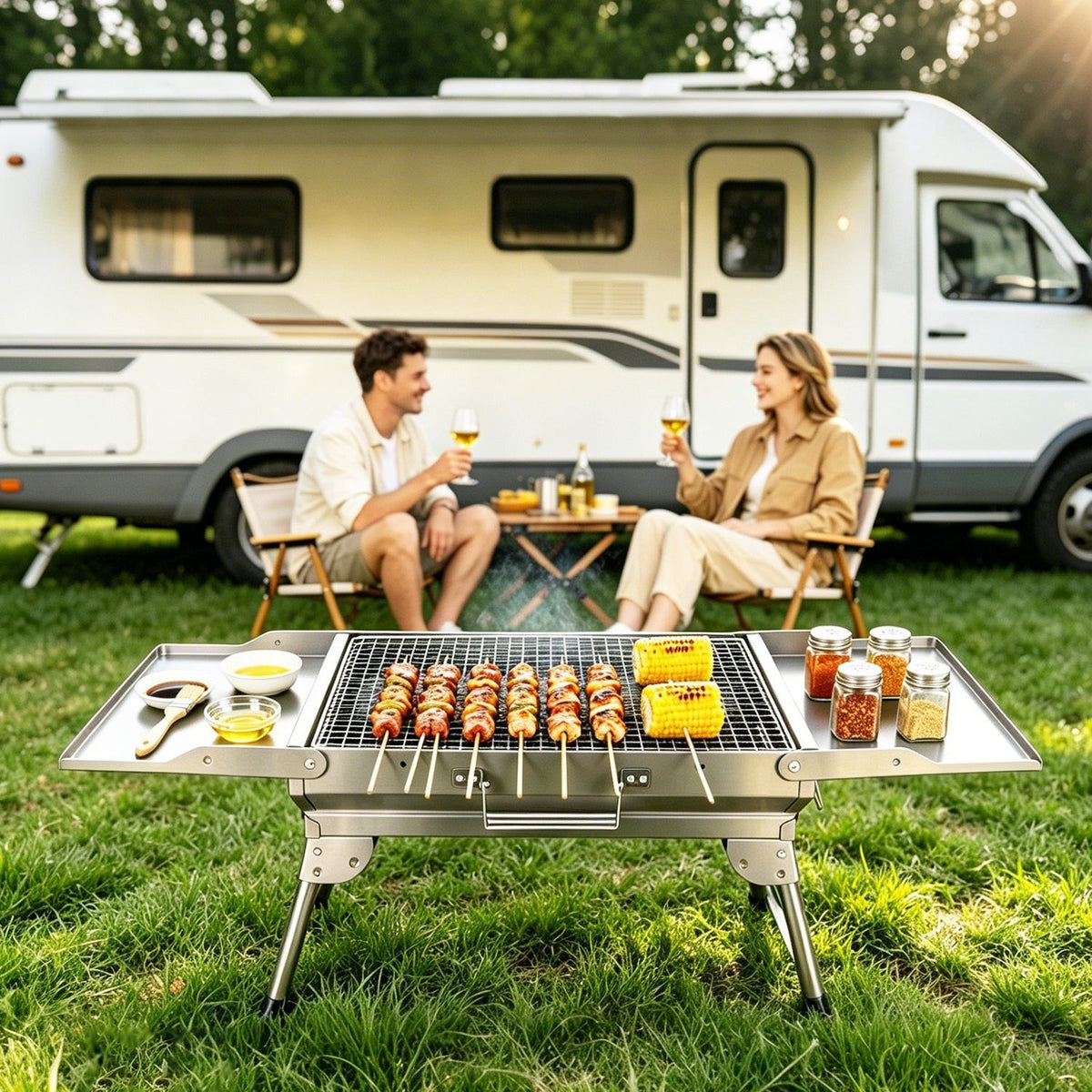Camping Charcoal Grill, Foldable Portable BBQ Barbecue Grill with Dual Side Panels, Ventilation Holes, Full Set of Grilling Accessories for Lawn & Picnic