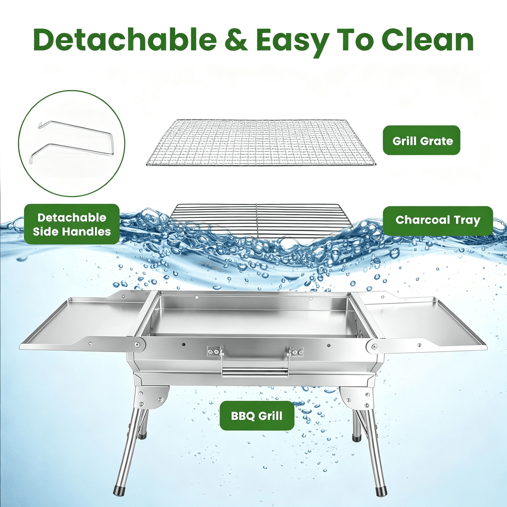 Camping Charcoal Grill, Foldable Portable BBQ Barbecue Grill with Dual Side Panels, Ventilation Holes, Full Set of Grilling Accessories for Lawn & Picnic
