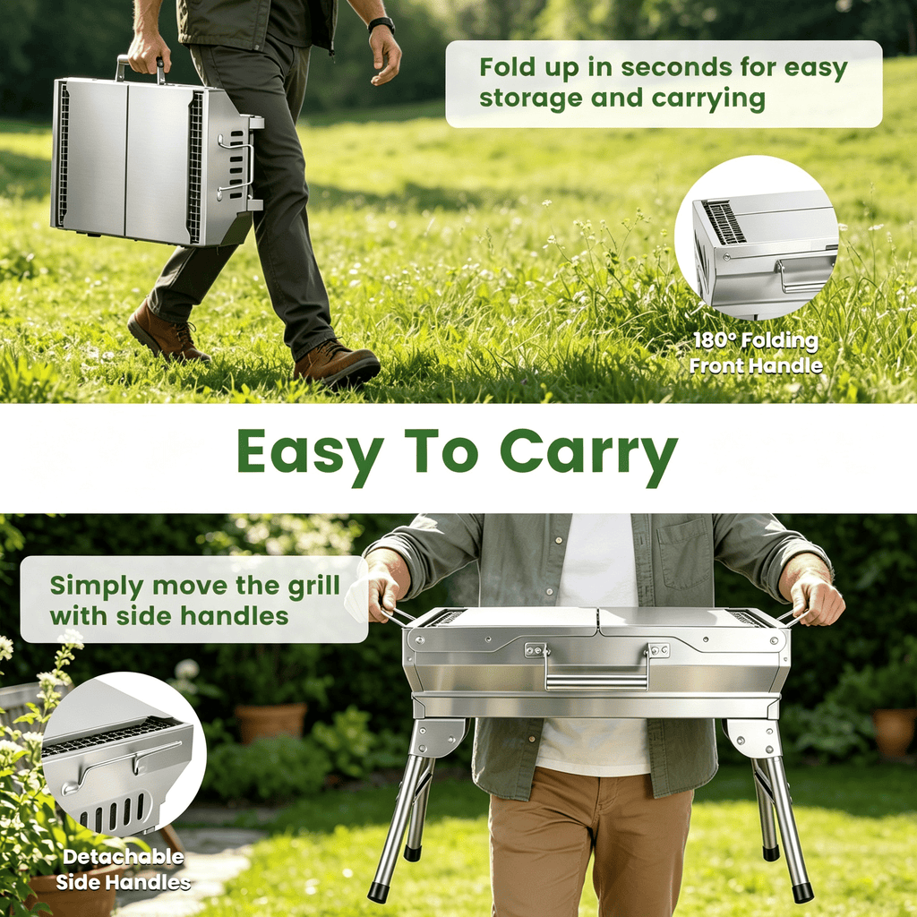 Camping Charcoal Grill, Foldable Portable BBQ Barbecue Grill with Dual Side Panels, Ventilation Holes, Full Set of Grilling Accessories for Lawn & Picnic