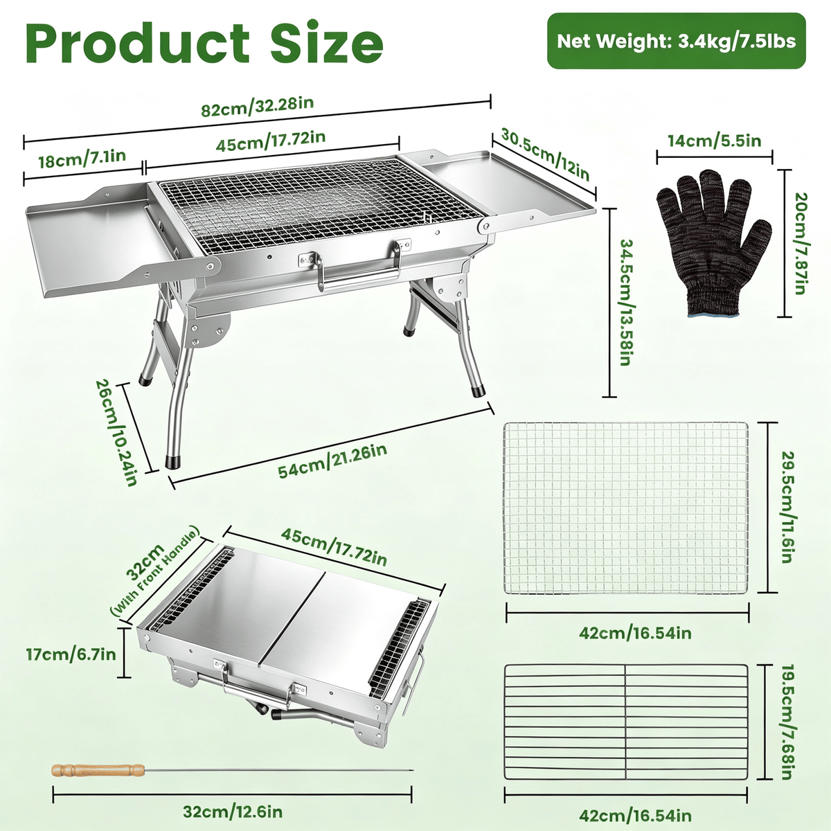 Camping Charcoal Grill, Foldable Portable BBQ Barbecue Grill with Dual Side Panels, Ventilation Holes, Full Set of Grilling Accessories for Lawn & Picnic