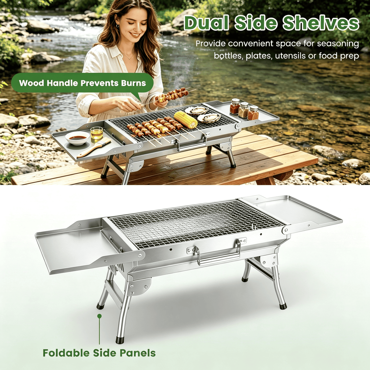 Camping Charcoal Grill, Foldable Portable BBQ Barbecue Grill with Dual Side Panels, Ventilation Holes, Full Set of Grilling Accessories for Lawn & Picnic