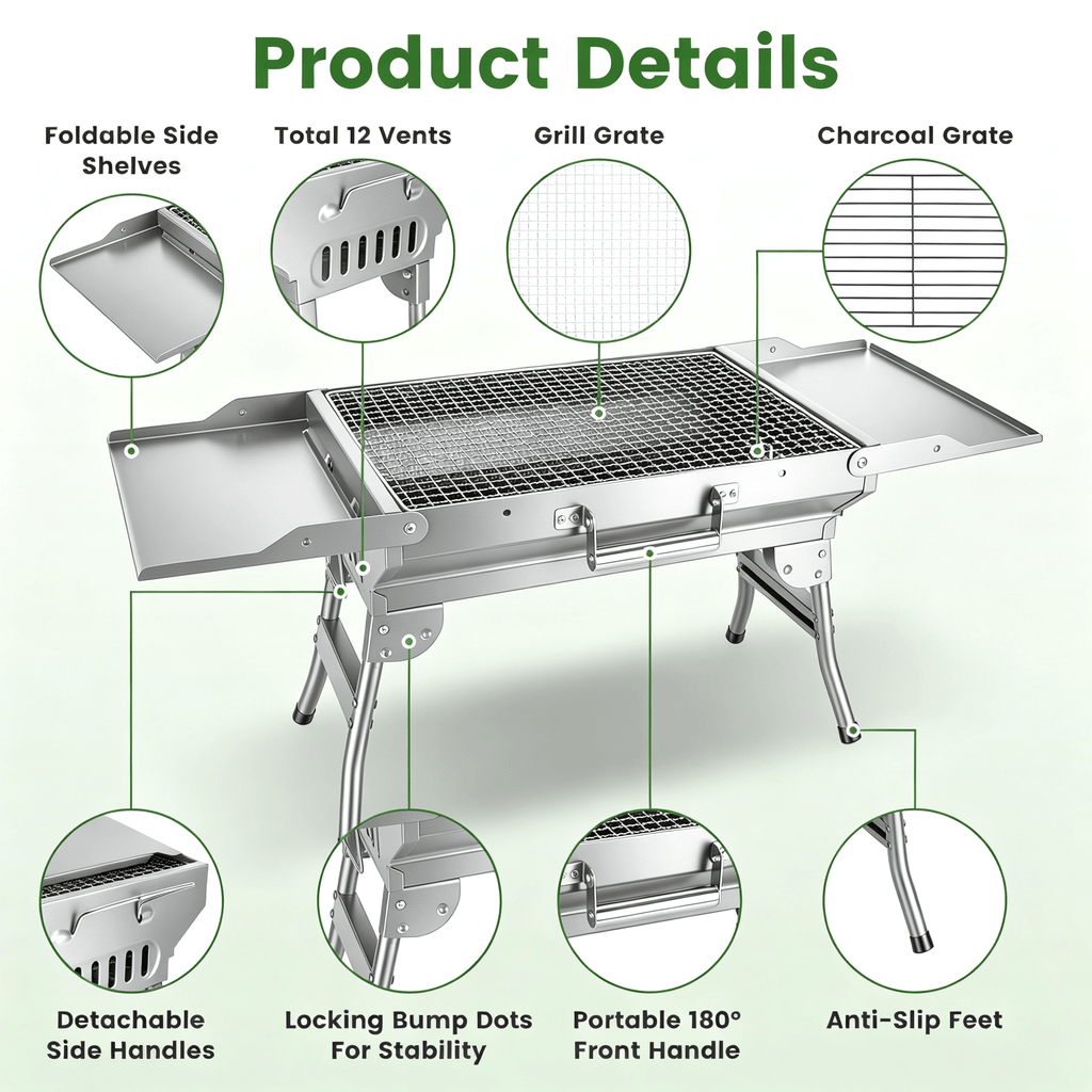 Camping Charcoal Grill, Foldable Portable BBQ Barbecue Grill with Dual Side Panels, Ventilation Holes, Full Set of Grilling Accessories for Lawn & Picnic