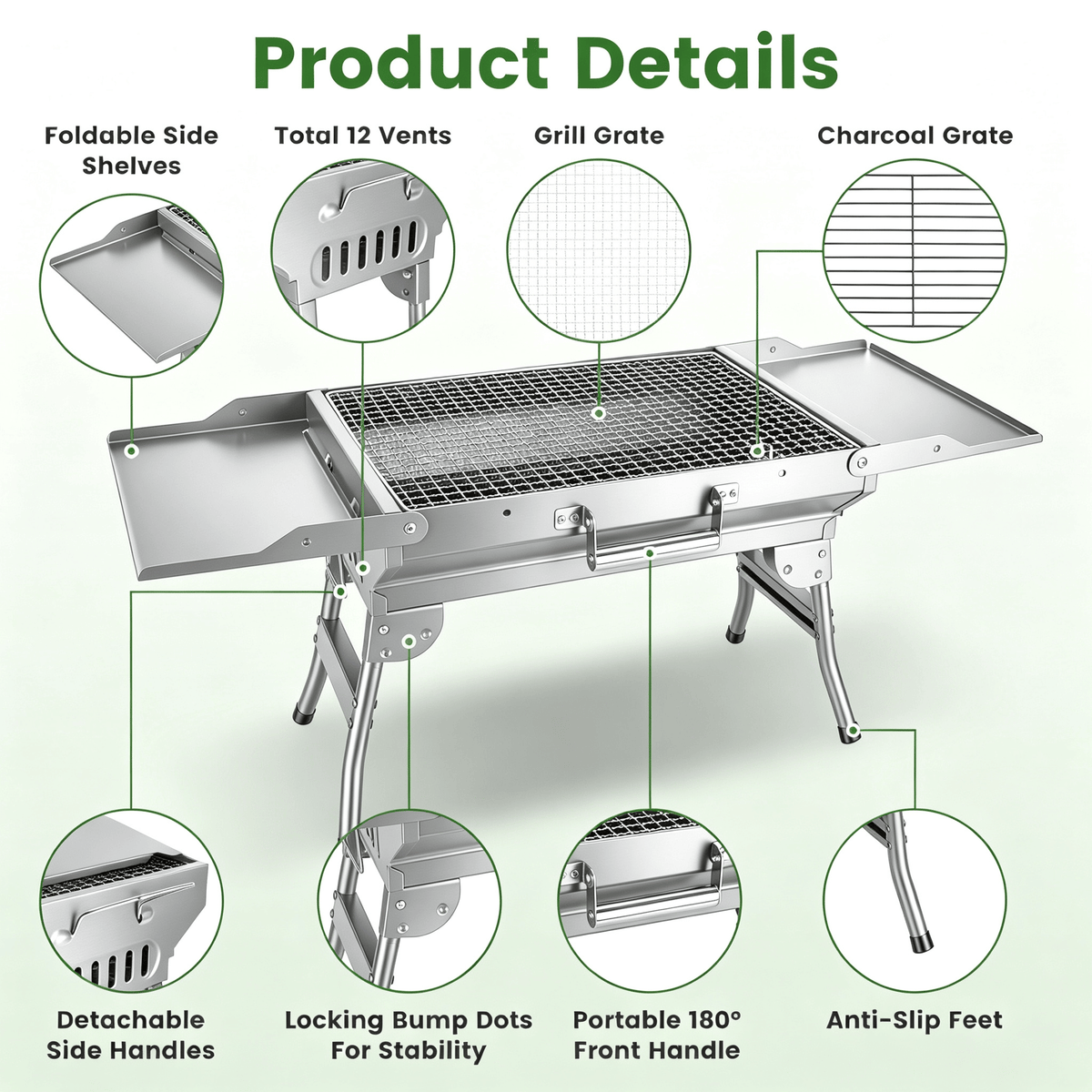 Camping Charcoal Grill, Foldable Portable BBQ Barbecue Grill with Dual Side Panels, Ventilation Holes, Full Set of Grilling Accessories for Lawn & Picnic