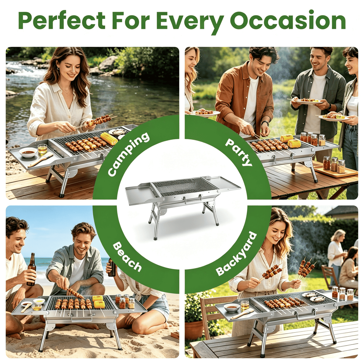 Camping Charcoal Grill, Foldable Portable BBQ Barbecue Grill with Dual Side Panels, Ventilation Holes, Full Set of Grilling Accessories for Lawn & Picnic