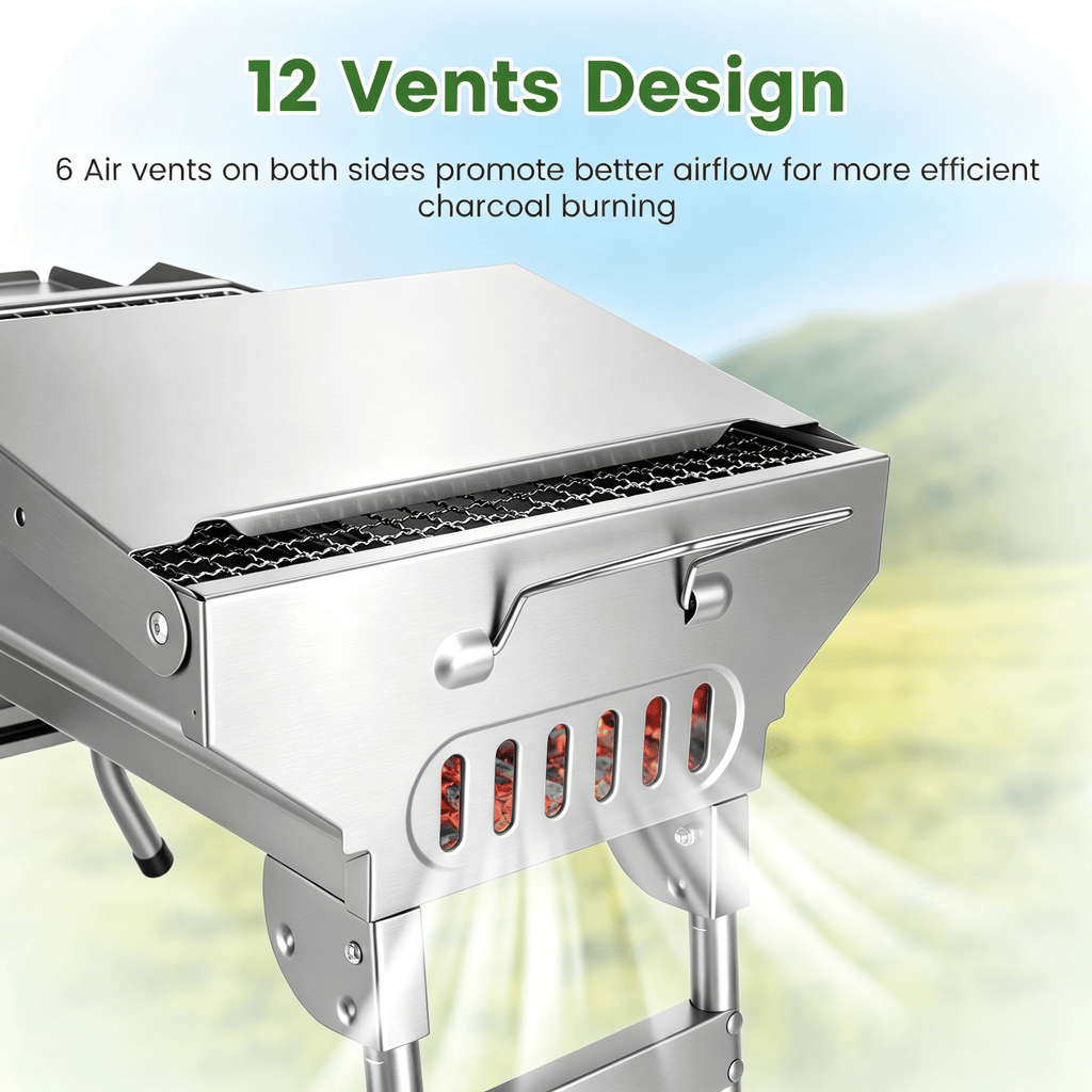 Camping Charcoal Grill, Foldable Portable BBQ Barbecue Grill with Dual Side Panels, Ventilation Holes, Full Set of Grilling Accessories for Lawn & Picnic