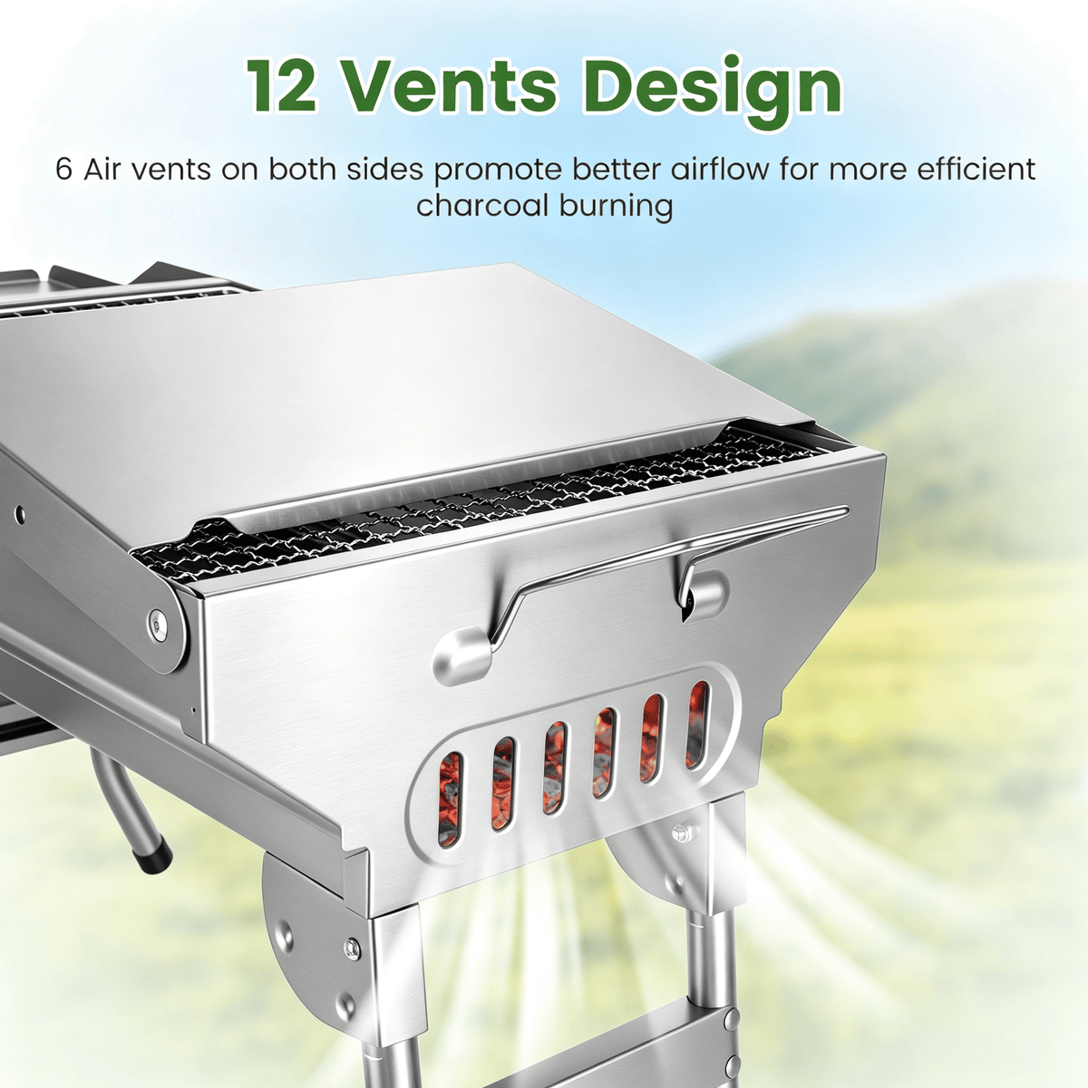 Camping Charcoal Grill, Foldable Portable BBQ Barbecue Grill with Dual Side Panels, Ventilation Holes, Full Set of Grilling Accessories for Lawn & Picnic