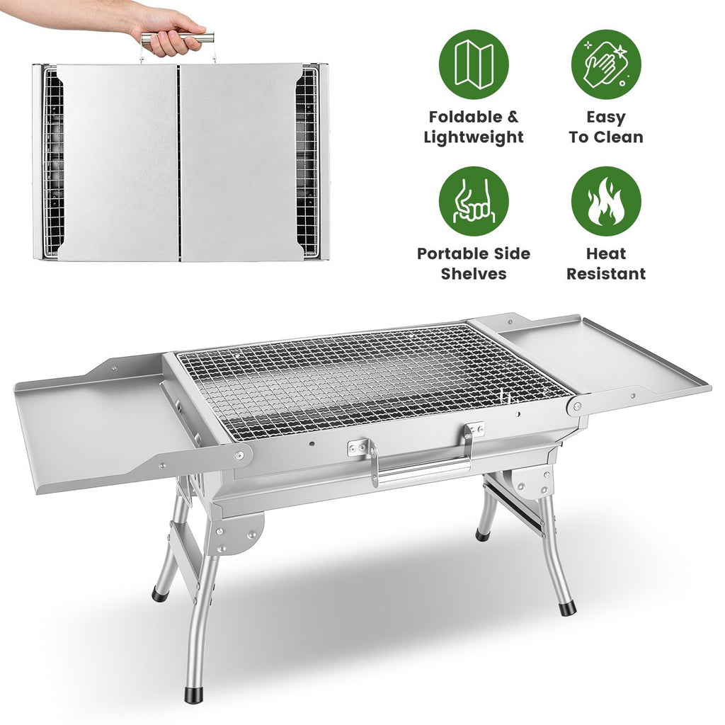 Camping Charcoal Grill, Foldable Portable BBQ Barbecue Grill with Dual Side Panels, Ventilation Holes, Full Set of Grilling Accessories for Lawn & Picnic