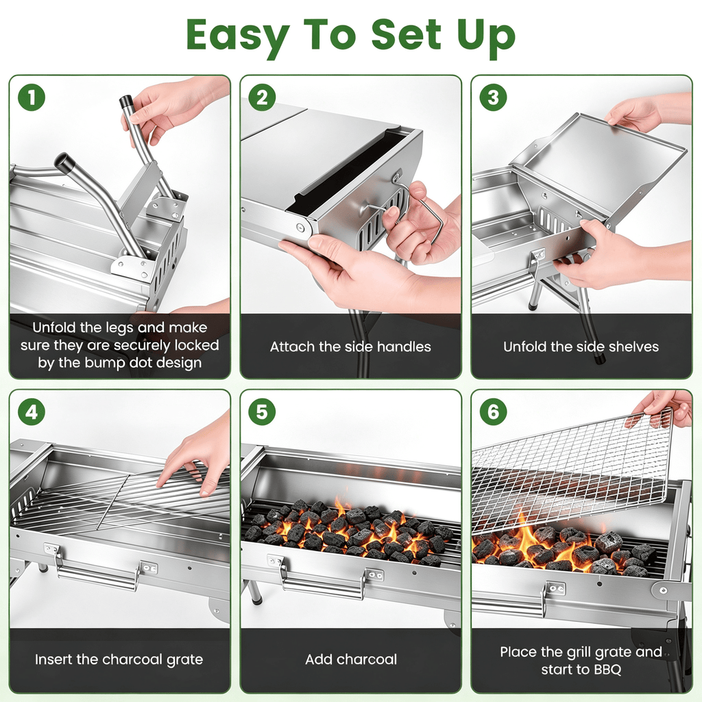 Camping Charcoal Grill, Foldable Portable BBQ Barbecue Grill with Dual Side Panels, Ventilation Holes, Full Set of Grilling Accessories for Lawn & Picnic