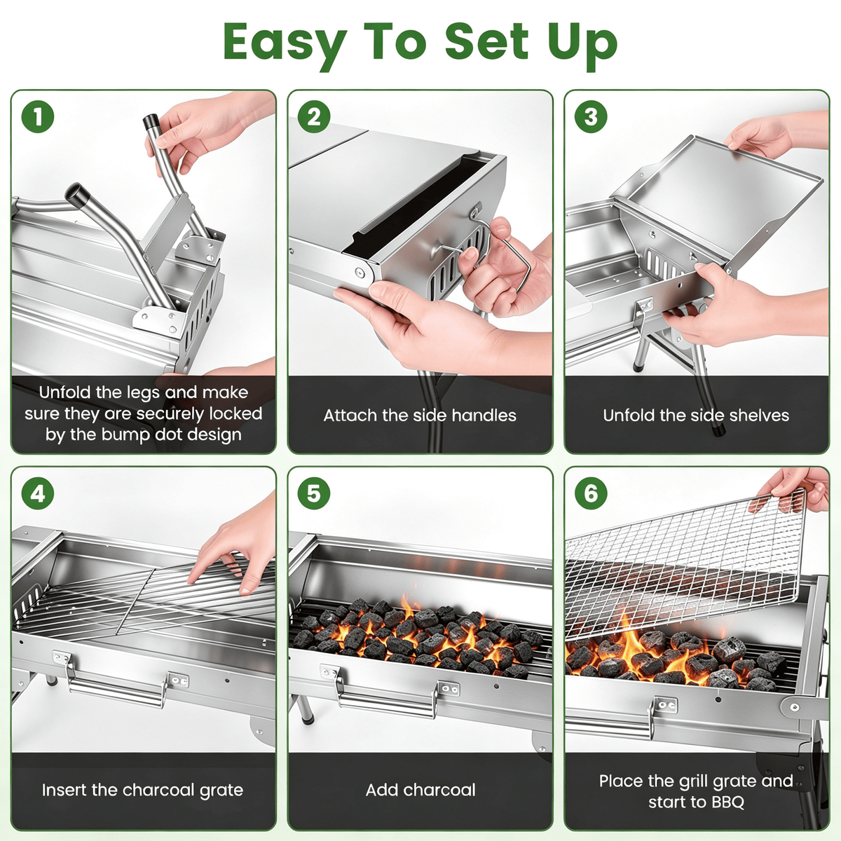 Camping Charcoal Grill, Foldable Portable BBQ Barbecue Grill with Dual Side Panels, Ventilation Holes, Full Set of Grilling Accessories for Lawn & Picnic