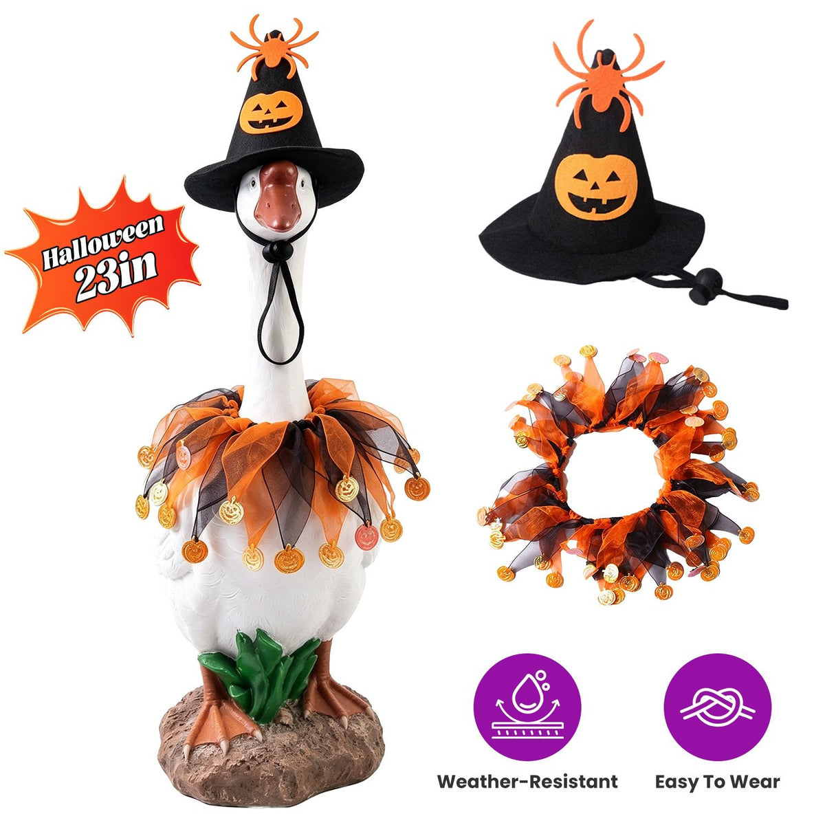 Halloween Porch Goose Costume, 4 Styles Decor Outfit with Adjustable Straps, Polyester Statue Clothes for 23 Inch Porch Goose Outdoor Decor