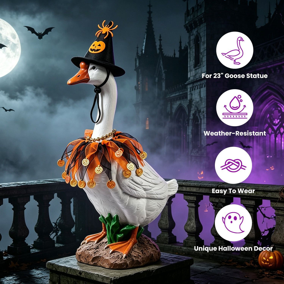 Halloween Porch Goose Costume, 4 Styles Decor Outfit with Adjustable Straps, Polyester Statue Clothes for 23 Inch Porch Goose Outdoor Decor