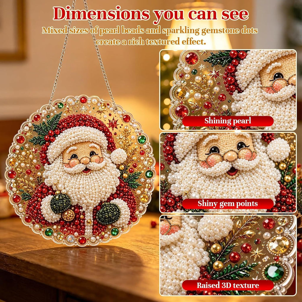 Christmas Pearl Diamond Art Painting Suncatch Kit,DIY Craft (8in) | Pre-Assembled Metal Chain,Acrylic Round Board with Lace Edge,3D Mixed-Sized Pearl Beads Craft,Festive Window Wall Decor (Snowman)