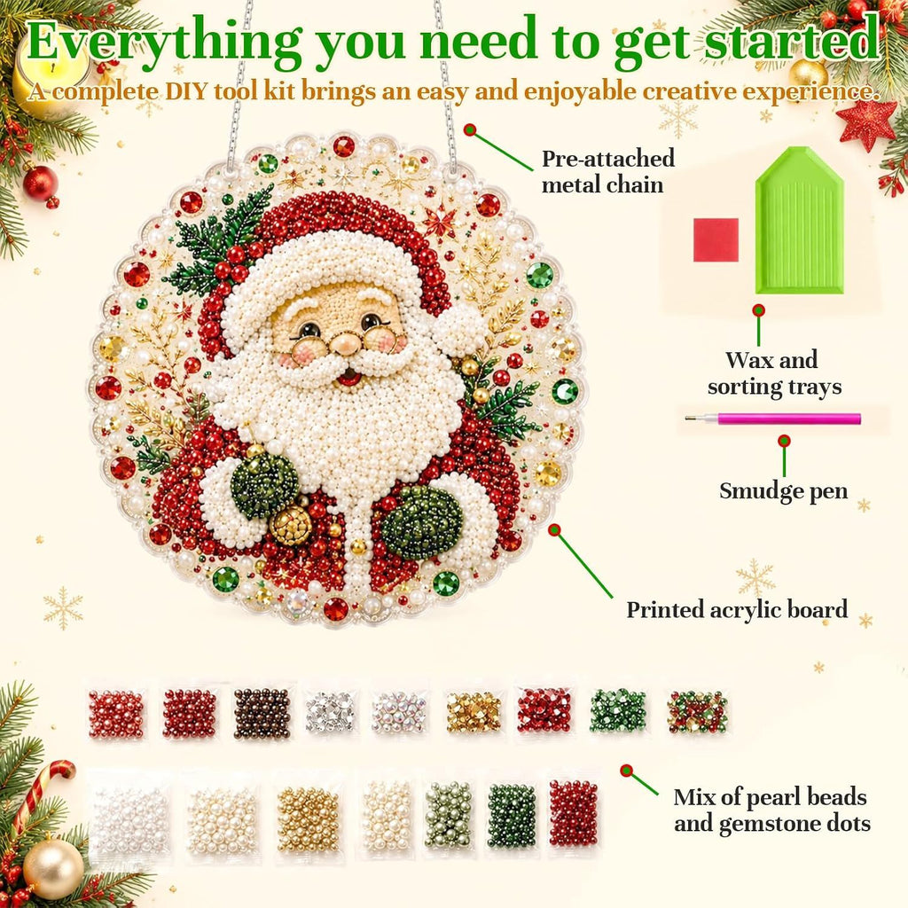 Christmas Pearl Diamond Art Painting Suncatch Kit,DIY Craft (8in) | Pre-Assembled Metal Chain,Acrylic Round Board with Lace Edge,3D Mixed-Sized Pearl Beads Craft,Festive Window Wall Decor (Snowman)
