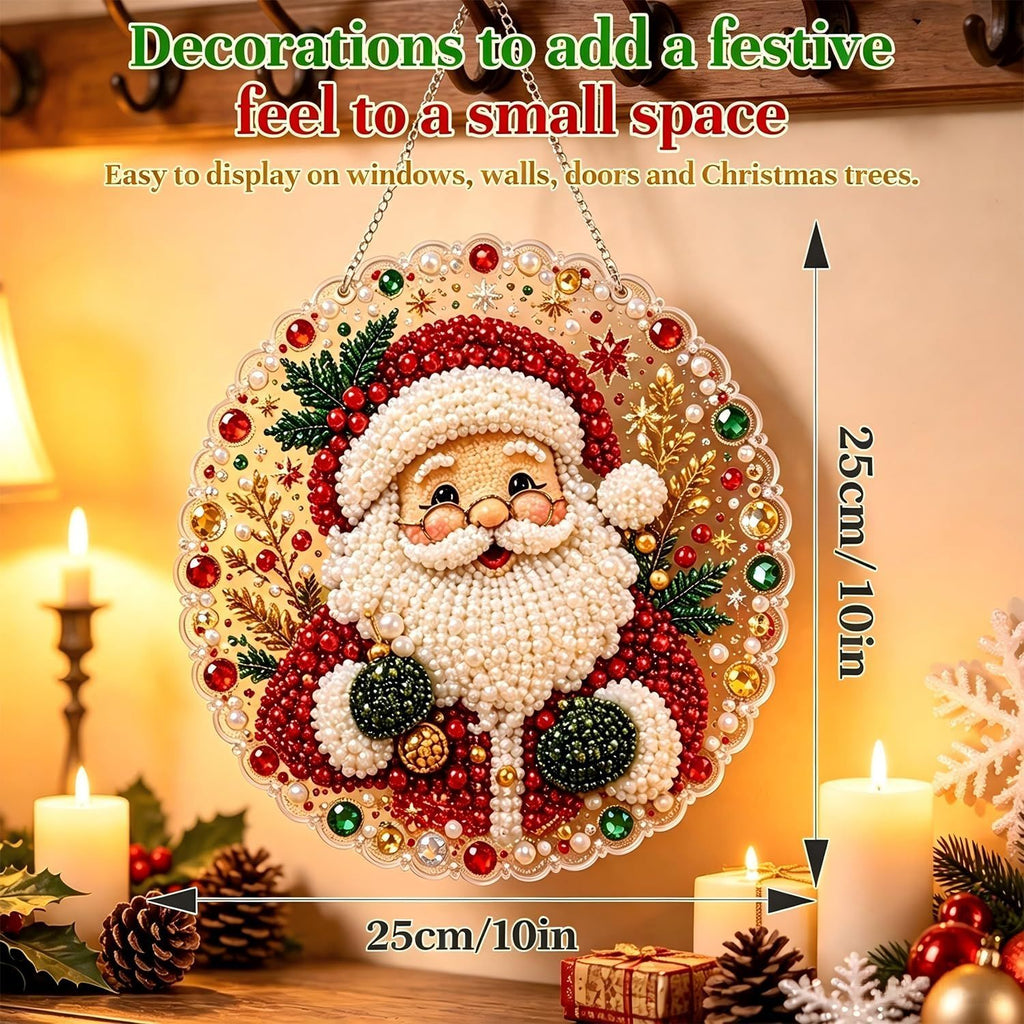 Christmas Pearl Diamond Art Painting Suncatch Kit,DIY Craft (8in) | Pre-Assembled Metal Chain,Acrylic Round Board with Lace Edge,3D Mixed-Sized Pearl Beads Craft,Festive Window Wall Decor (Snowman)