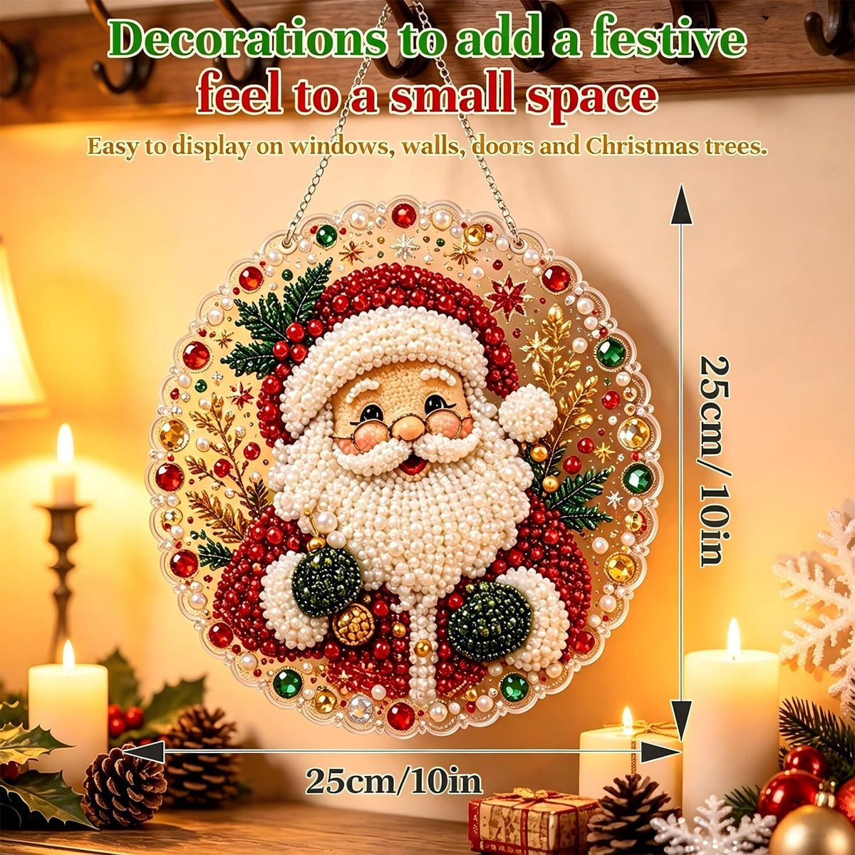 Christmas Pearl Diamond Art Painting Suncatch Kit,DIY Craft (8in) | Pre-Assembled Metal Chain,Acrylic Round Board with Lace Edge,3D Mixed-Sized Pearl Beads Craft,Festive Window Wall Decor (Snowman)