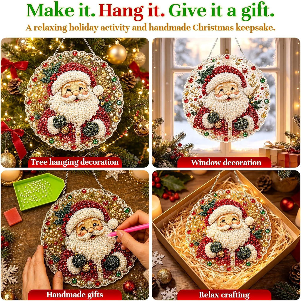 Christmas Pearl Diamond Art Painting Suncatch Kit,DIY Craft (8in) | Pre-Assembled Metal Chain,Acrylic Round Board with Lace Edge,3D Mixed-Sized Pearl Beads Craft,Festive Window Wall Decor (Snowman)