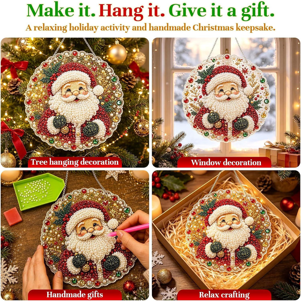 Christmas Pearl Diamond Art Painting Suncatch Kit,DIY Craft (8in) | Pre-Assembled Metal Chain,Acrylic Round Board with Lace Edge,3D Mixed-Sized Pearl Beads Craft,Festive Window Wall Decor (Snowman)
