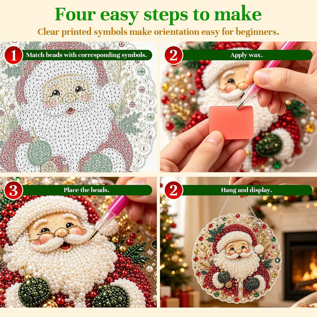 Christmas Pearl Diamond Art Painting Suncatch Kit,DIY Craft (8in) | Pre-Assembled Metal Chain,Acrylic Round Board with Lace Edge,3D Mixed-Sized Pearl Beads Craft,Festive Window Wall Decor (Snowman)