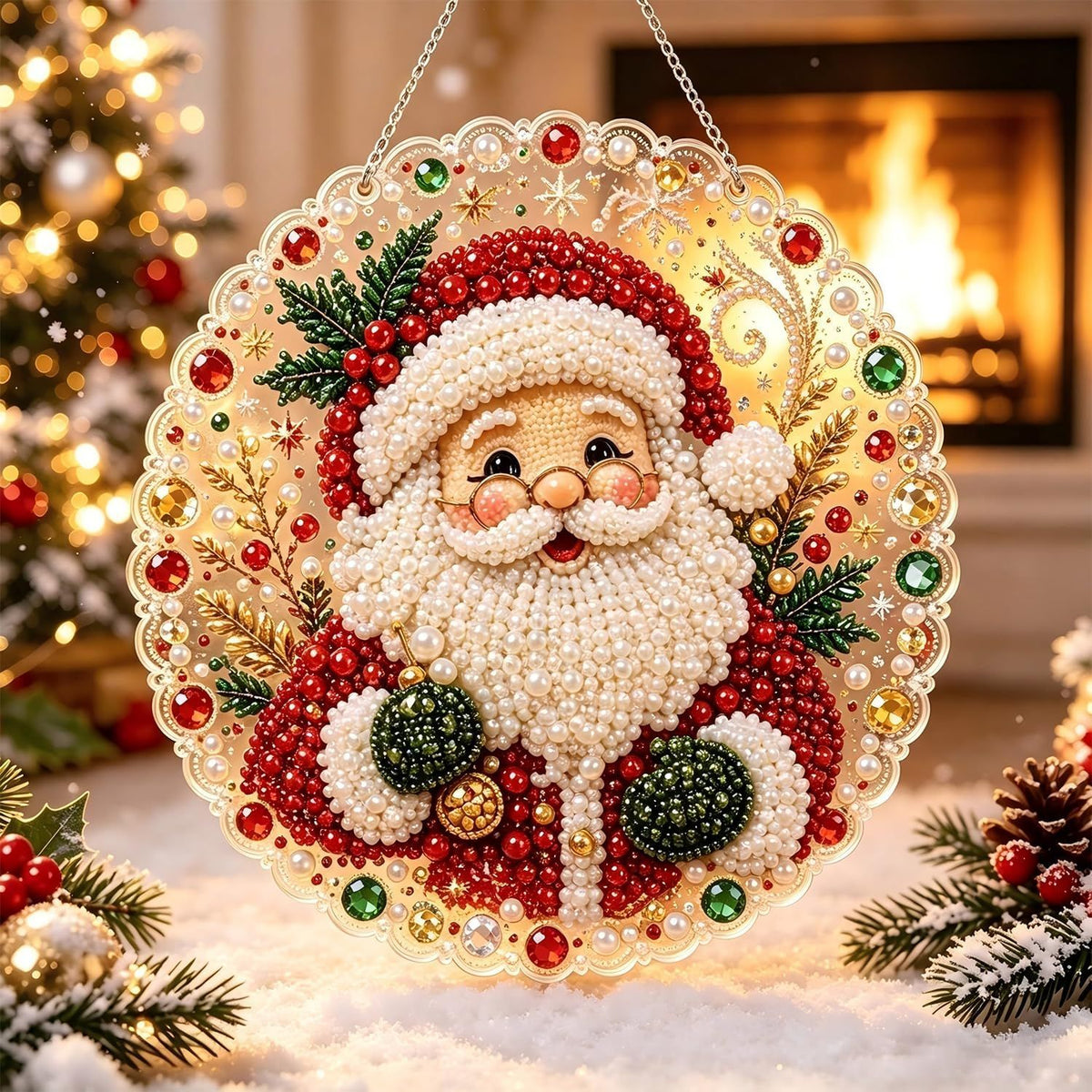 Christmas Pearl Diamond Art Painting Suncatch Kit,DIY Craft (8in) | Pre-Assembled Metal Chain,Acrylic Round Board with Lace Edge,3D Mixed-Sized Pearl Beads Craft,Festive Window Wall Decor (Snowman)
