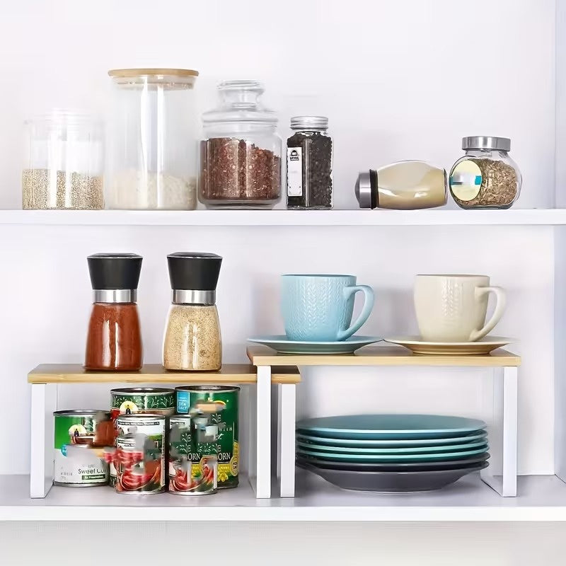 2 Pack Adjustable Stackable Wood Storage Shelves, Multi Purpose Countertop Organizer Rack for Kitchen, Spice, Bathroom and Pantry, Space Saving Home Organization Shelf