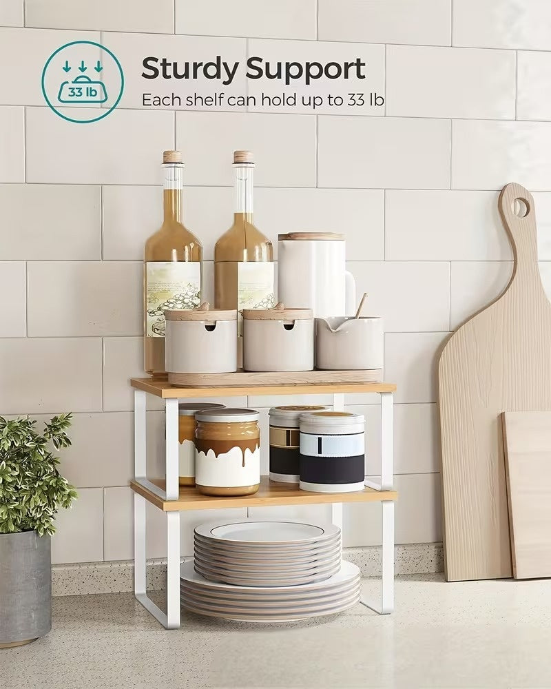 2 Pack Adjustable Stackable Wood Storage Shelves, Multi Purpose Countertop Organizer Rack for Kitchen, Spice, Bathroom and Pantry, Space Saving Home Organization Shelf