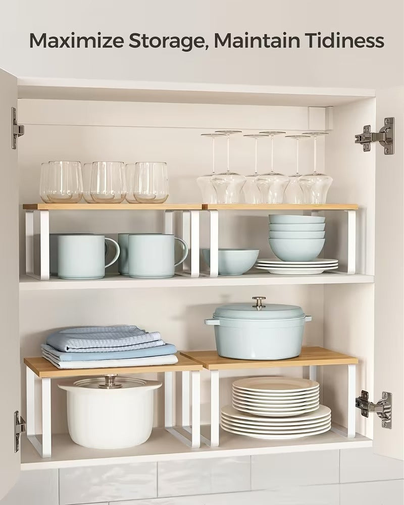 2 Pack Adjustable Stackable Wood Storage Shelves, Multi Purpose Countertop Organizer Rack for Kitchen, Spice, Bathroom and Pantry, Space Saving Home Organization Shelf