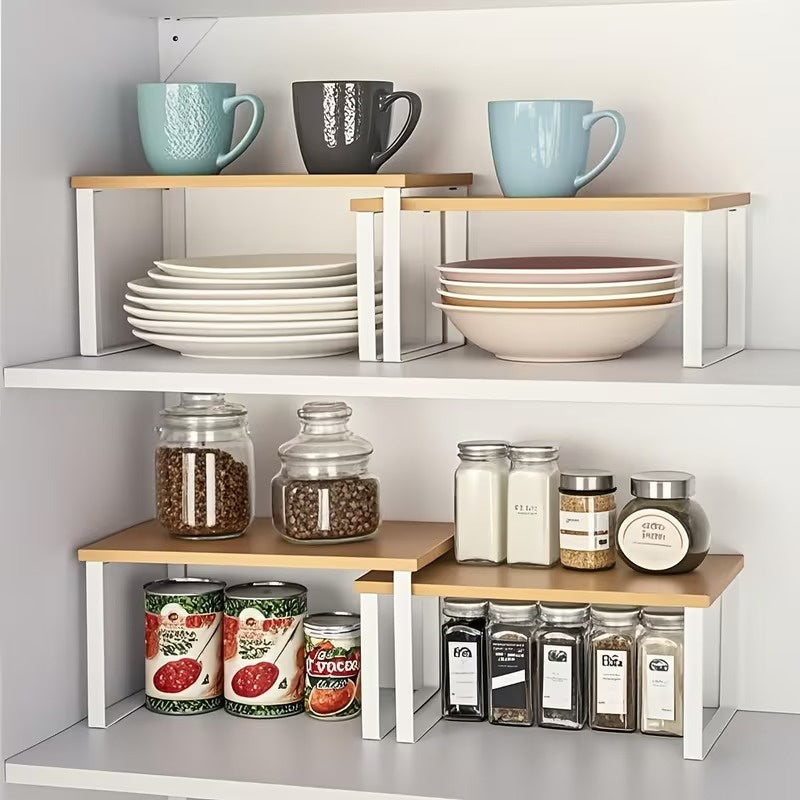 2 Pack Adjustable Stackable Wood Storage Shelves, Multi Purpose Countertop Organizer Rack for Kitchen, Spice, Bathroom and Pantry, Space Saving Home Organization Shelf