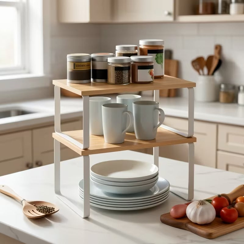 2 Pack Adjustable Stackable Wood Storage Shelves, Multi Purpose Countertop Organizer Rack for Kitchen, Spice, Bathroom and Pantry, Space Saving Home Organization Shelf