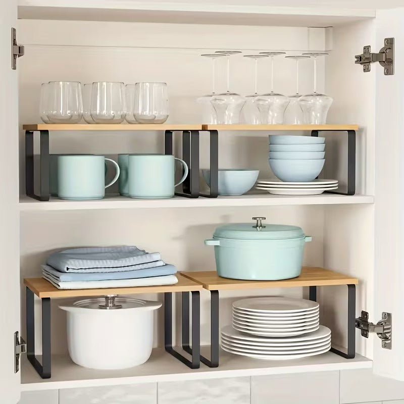 2 Pack Adjustable Stackable Wood Storage Shelves, Multi Purpose Countertop Organizer Rack for Kitchen, Spice, Bathroom and Pantry, Space Saving Home Organization Shelf