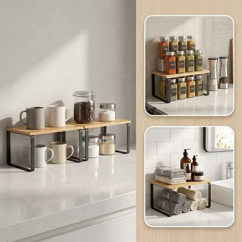 2 Pack Adjustable Stackable Wood Storage Shelves, Multi Purpose Countertop Organizer Rack for Kitchen, Spice, Bathroom and Pantry, Space Saving Home Organization Shelf