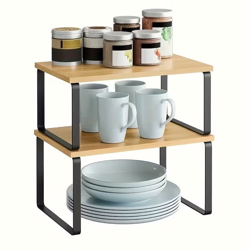 2 Pack Adjustable Stackable Wood Storage Shelves, Multi Purpose Countertop Organizer Rack for Kitchen, Spice, Bathroom and Pantry, Space Saving Home Organization Shelf