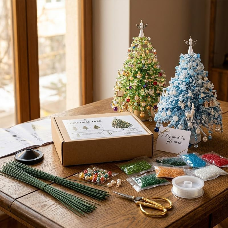 DIY Beaded Christmas Tree Set, Handmade Material Package for Adult Festivals | Colorful Beads, Decorative Pendants,Angel Tree Top Star, Warm Light Display, Desktop Decoration, Festival Gifts