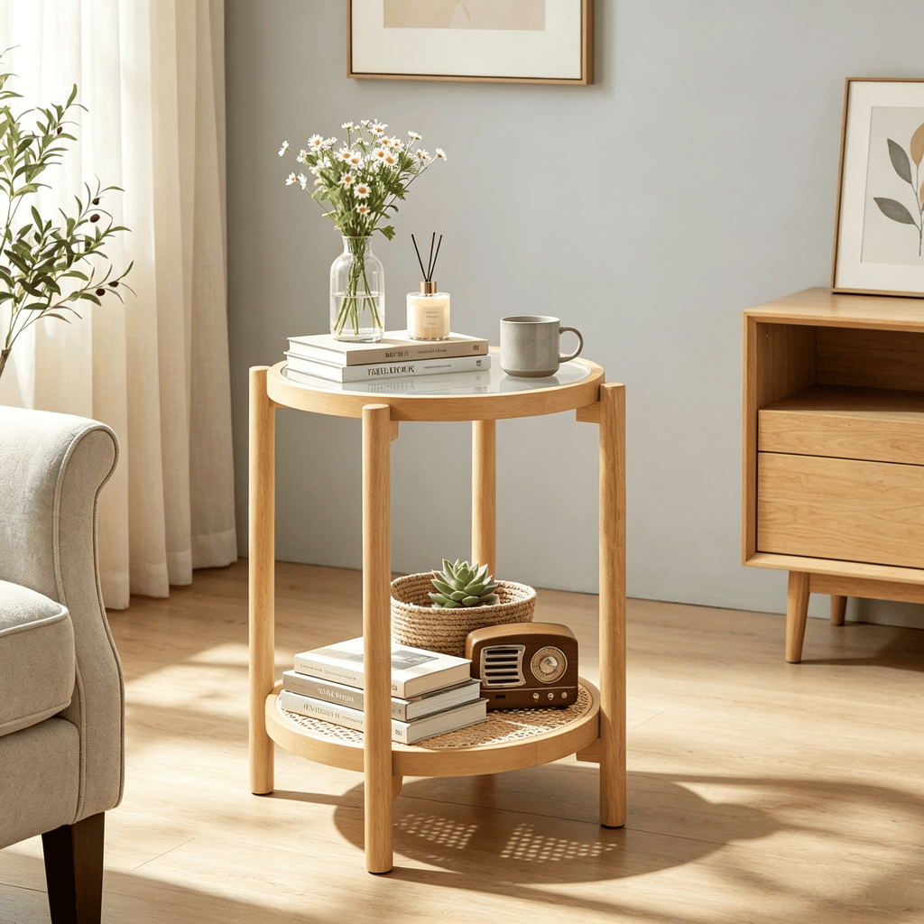 round Side Table 2-Tier Tempered Glass Top End Table for Living Room Decorative Coffee Table