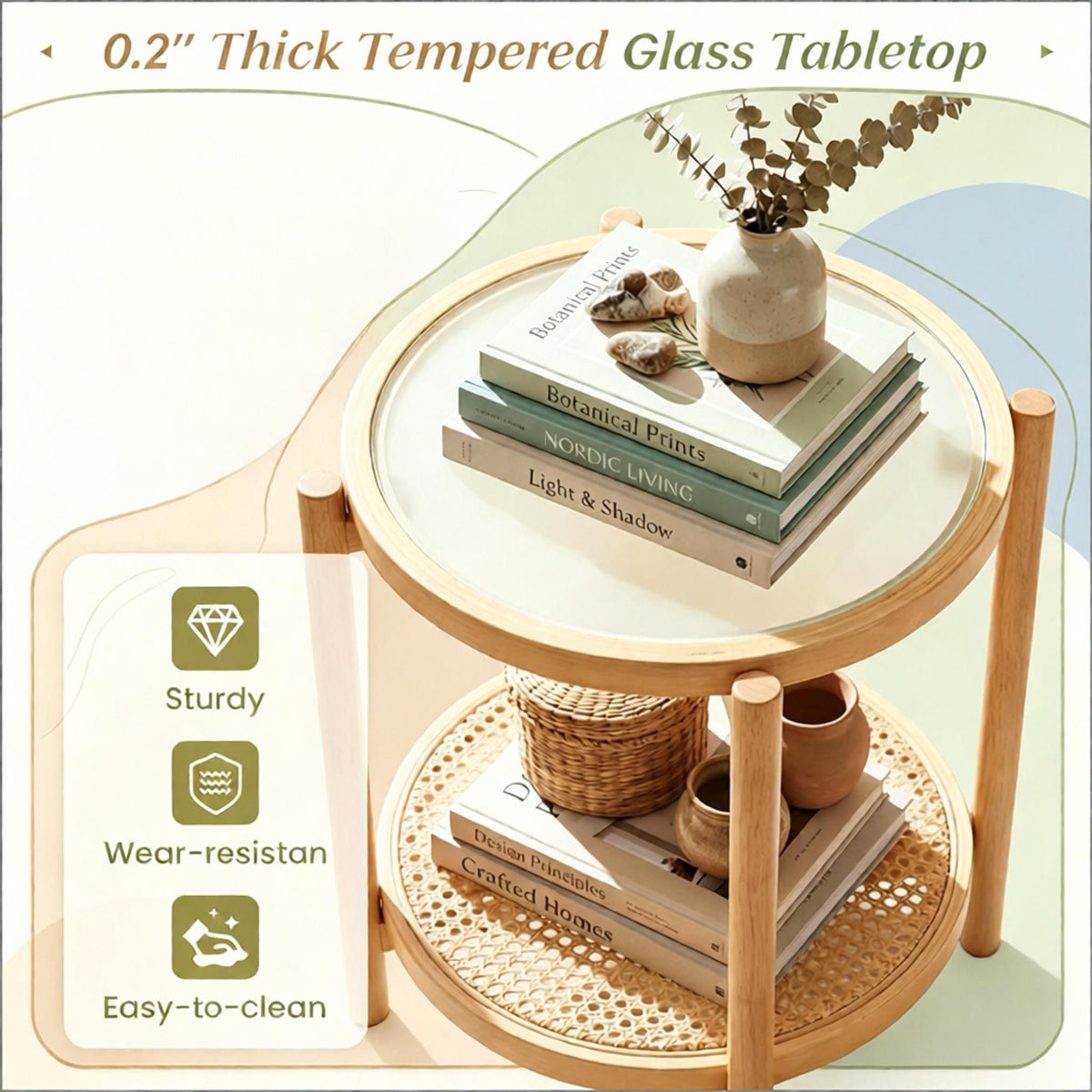 round Side Table 2-Tier Tempered Glass Top End Table for Living Room Decorative Coffee Table