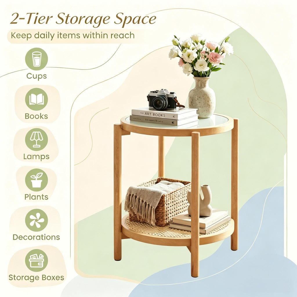 round Side Table 2-Tier Tempered Glass Top End Table for Living Room Decorative Coffee Table