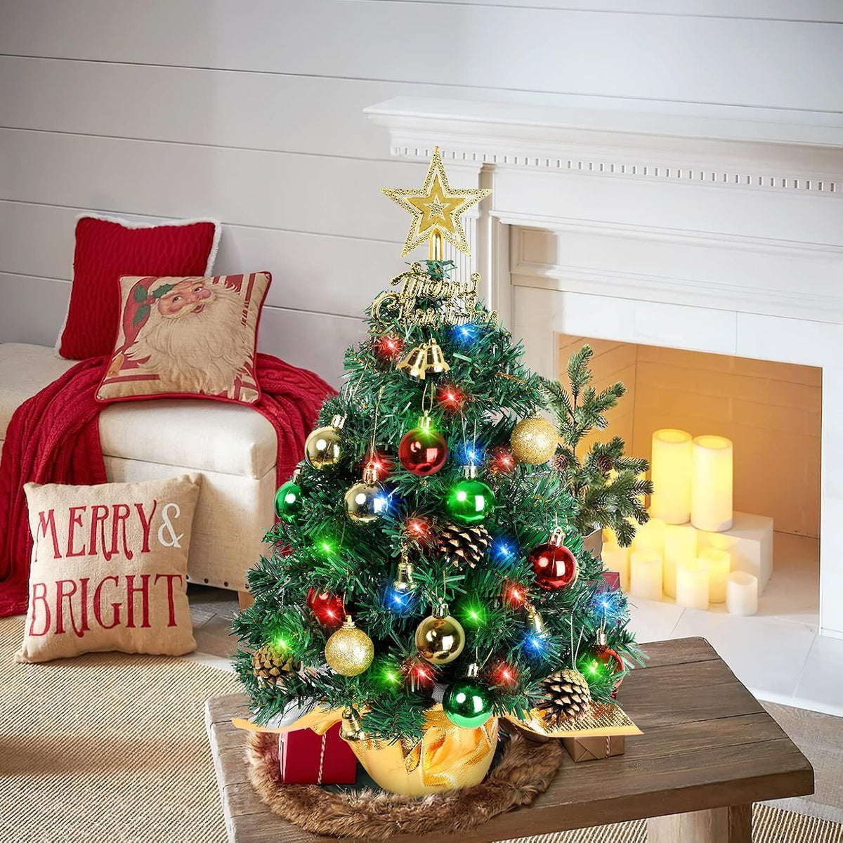 Small Christmas Tree with Lights,22 in Mini Tabletop Tree Desk Decor Little Christmas Tree With 30 Led Multicolor String Lights,with Pine Cones Ornaments,