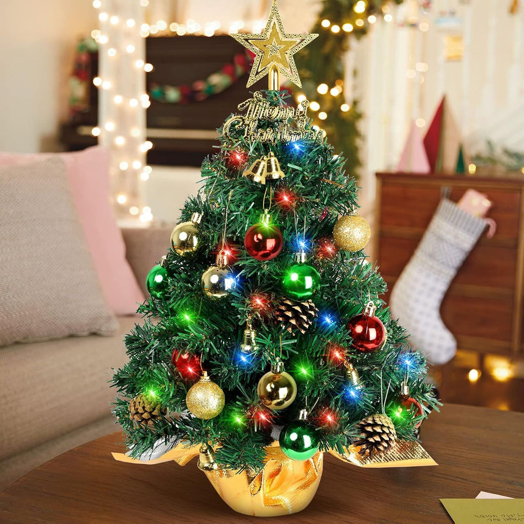Small Christmas Tree with Lights,22 in Mini Tabletop Tree Desk Decor Little Christmas Tree With 30 Led Multicolor String Lights,with Pine Cones Ornaments,