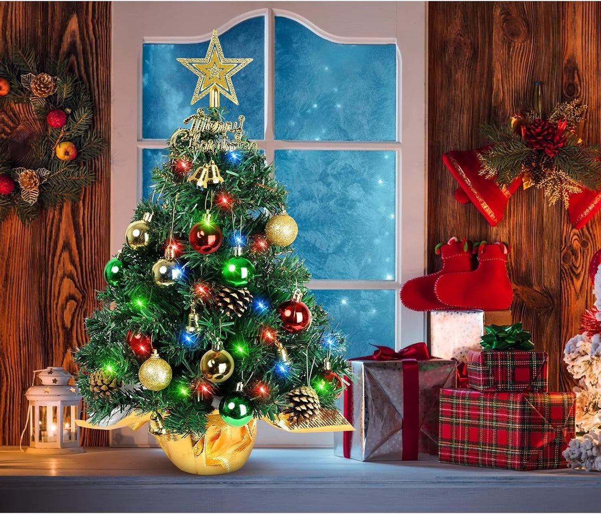 Small Christmas Tree with Lights,22 in Mini Tabletop Tree Desk Decor Little Christmas Tree With 30 Led Multicolor String Lights,with Pine Cones Ornaments,