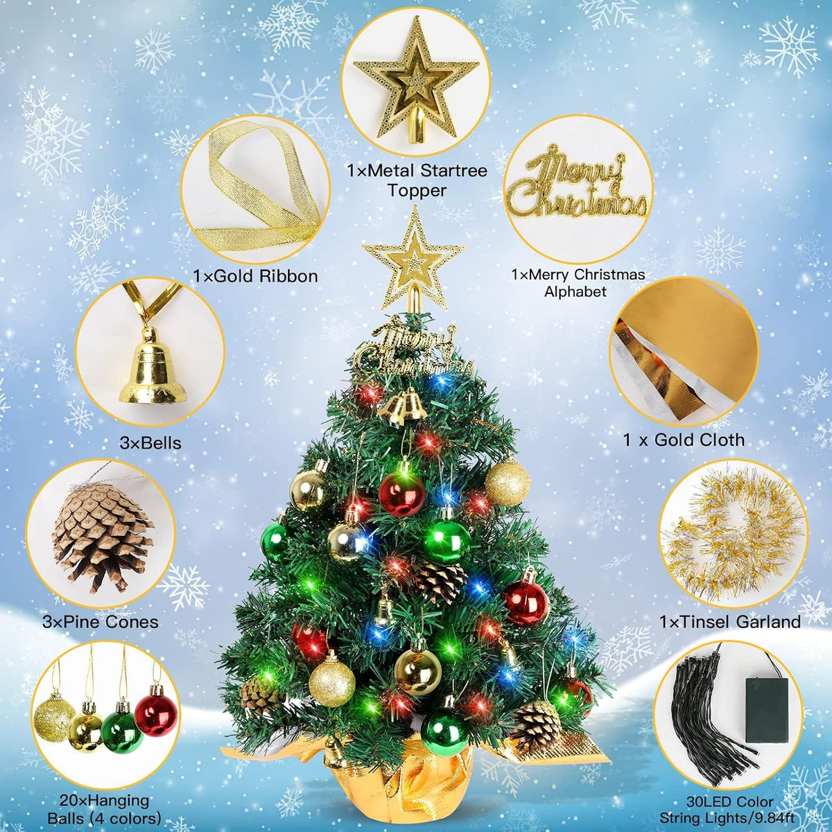Small Christmas Tree with Lights,22 in Mini Tabletop Tree Desk Decor Little Christmas Tree With 30 Led Multicolor String Lights,with Pine Cones Ornaments,
