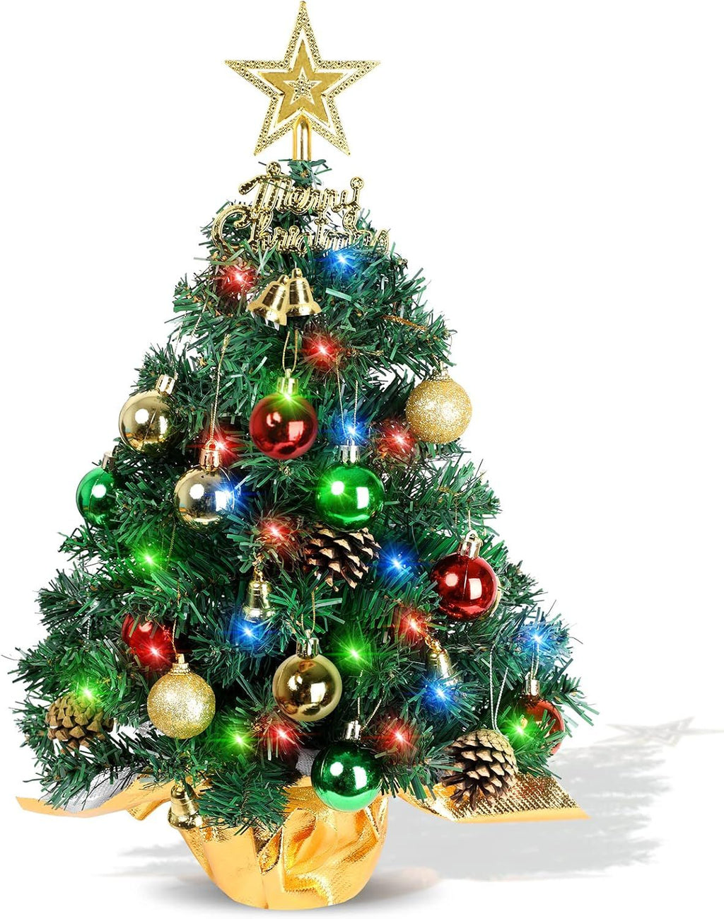 Small Christmas Tree with Lights,22 in Mini Tabletop Tree Desk Decor Little Christmas Tree With 30 Led Multicolor String Lights,with Pine Cones Ornaments,