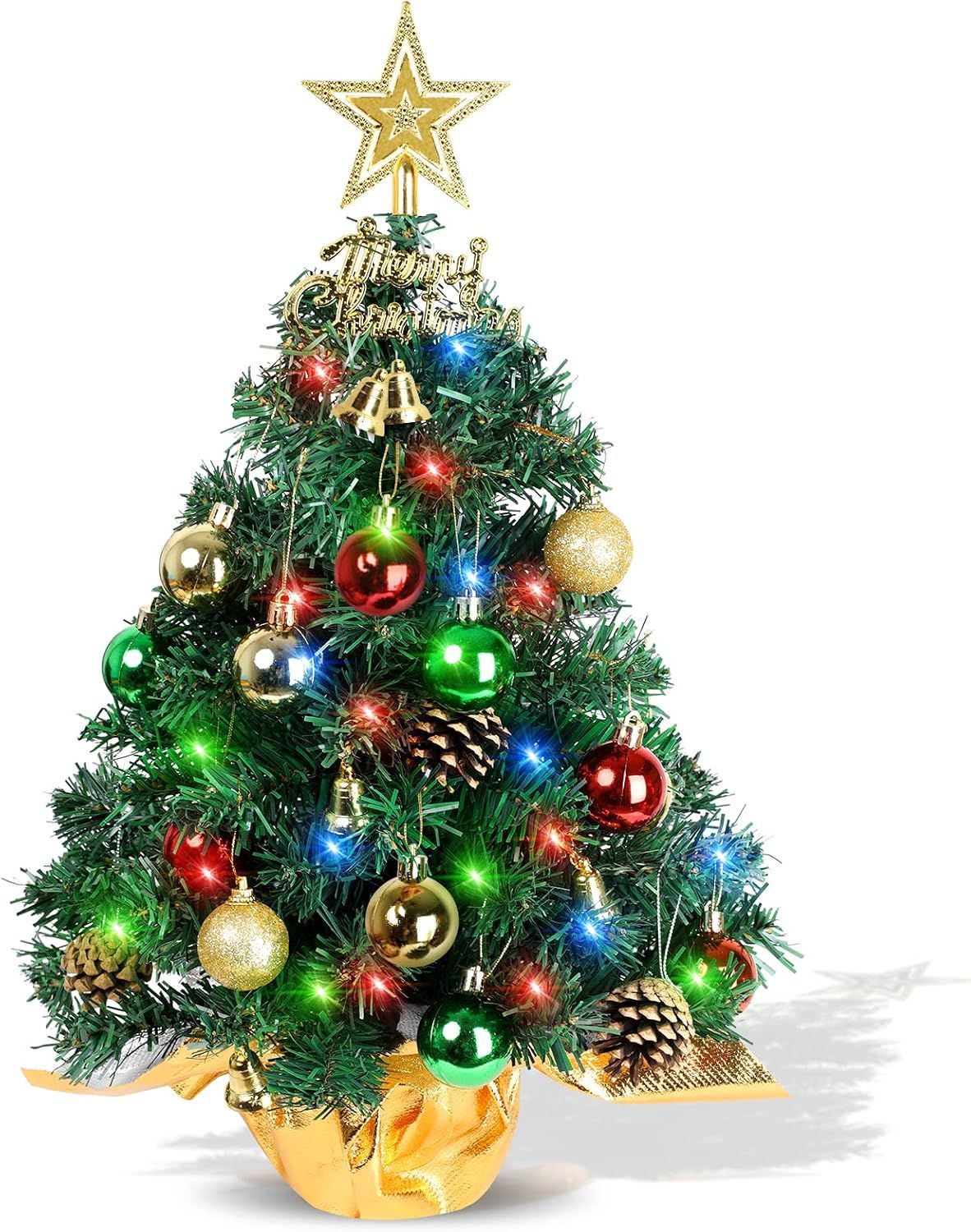 Small Christmas Tree with Lights,22 in Mini Tabletop Tree Desk Decor Little Christmas Tree With 30 Led Multicolor String Lights,with Pine Cones Ornaments,