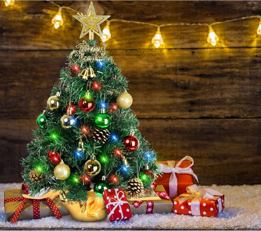 Small Christmas Tree with Lights,22 in Mini Tabletop Tree Desk Decor Little Christmas Tree With 30 Led Multicolor String Lights,with Pine Cones Ornaments,