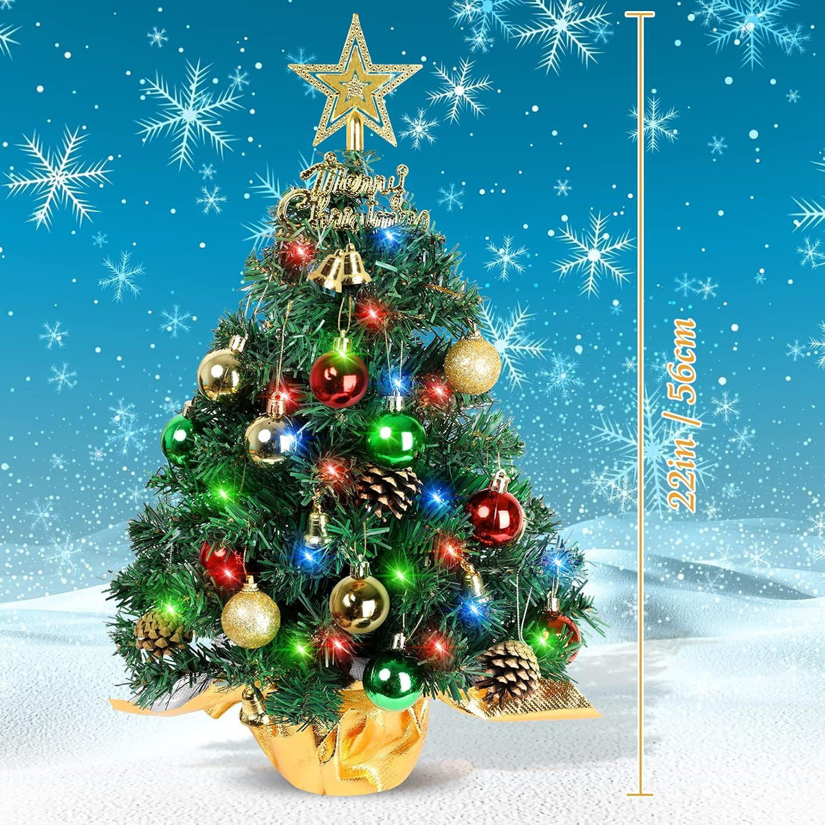 Small Christmas Tree with Lights,22 in Mini Tabletop Tree Desk Decor Little Christmas Tree With 30 Led Multicolor String Lights,with Pine Cones Ornaments,