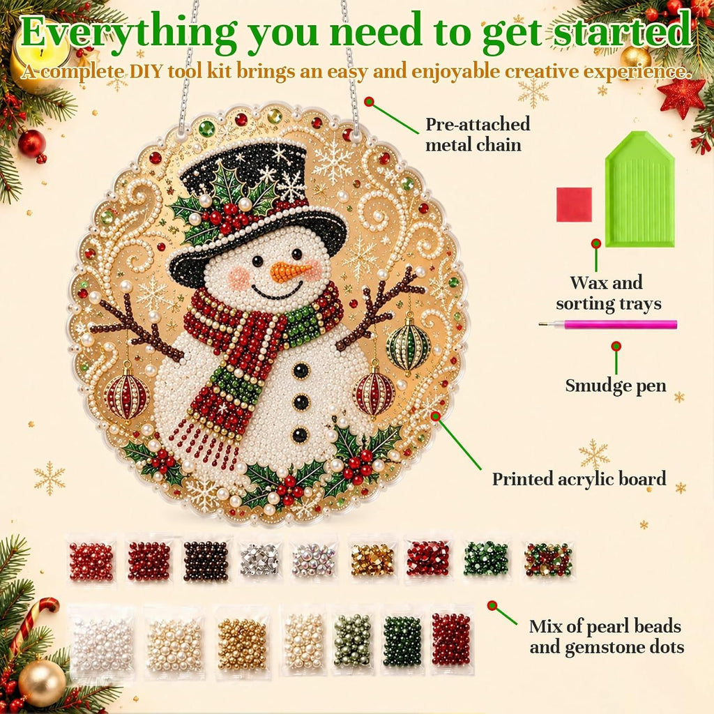 Christmas Pearl Diamond Art Painting Suncatch Kit,DIY Craft (8in) | Pre-Assembled Metal Chain,Acrylic Round Board with Lace Edge,3D Mixed-Sized Pearl Beads Craft,Festive Window Wall Decor (Snowman)