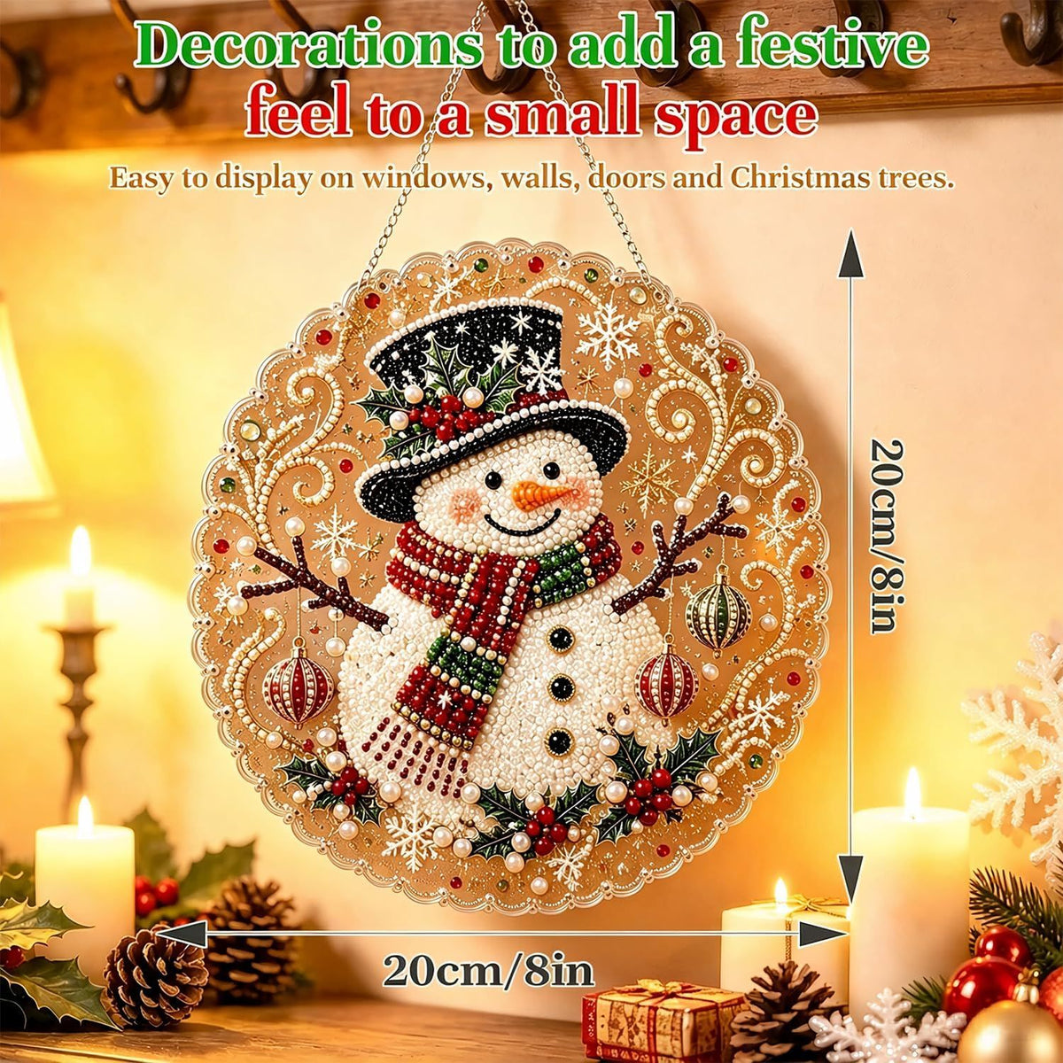 Christmas Pearl Diamond Art Painting Suncatch Kit,DIY Craft (8in) | Pre-Assembled Metal Chain,Acrylic Round Board with Lace Edge,3D Mixed-Sized Pearl Beads Craft,Festive Window Wall Decor (Snowman)