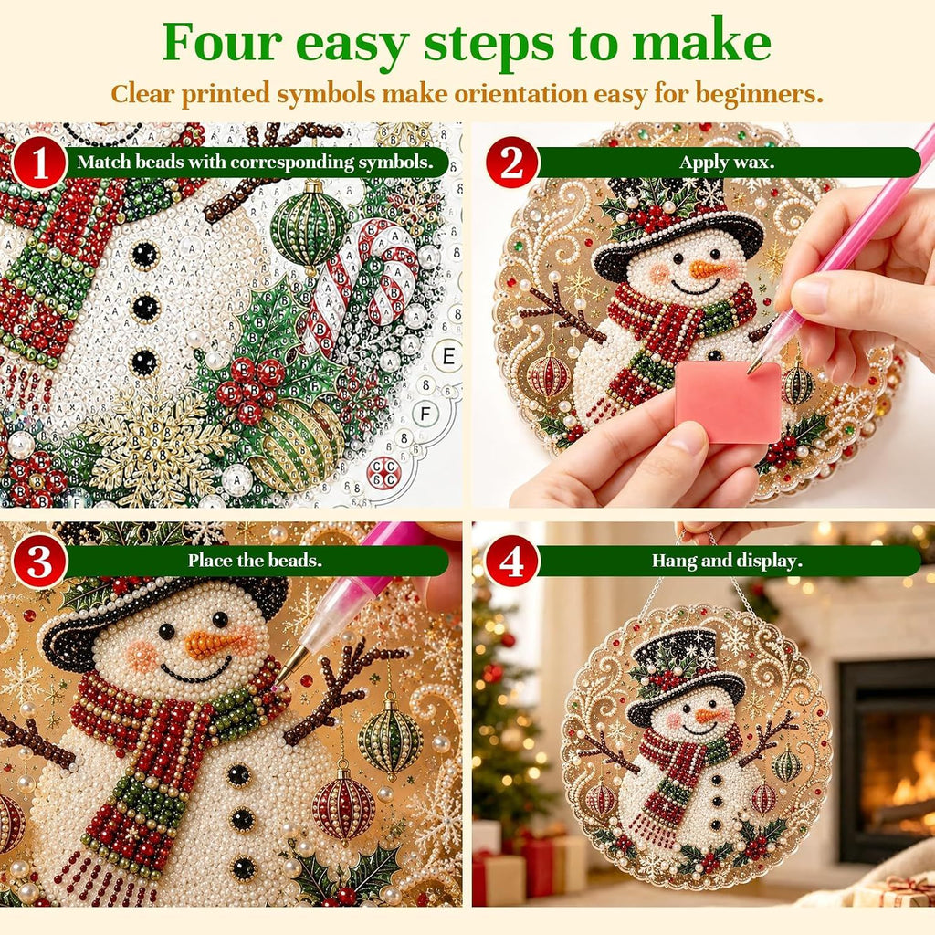 Christmas Pearl Diamond Art Painting Suncatch Kit,DIY Craft (8in) | Pre-Assembled Metal Chain,Acrylic Round Board with Lace Edge,3D Mixed-Sized Pearl Beads Craft,Festive Window Wall Decor (Snowman)