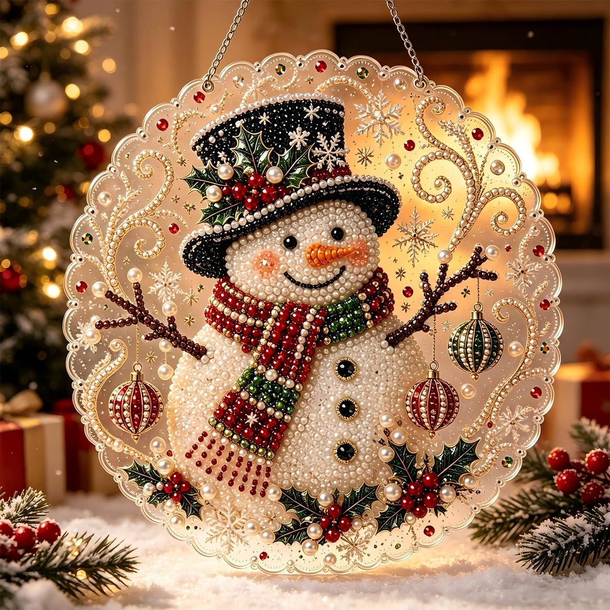 Christmas Pearl Diamond Art Painting Suncatch Kit,DIY Craft (8in) | Pre-Assembled Metal Chain,Acrylic Round Board with Lace Edge,3D Mixed-Sized Pearl Beads Craft,Festive Window Wall Decor (Snowman)