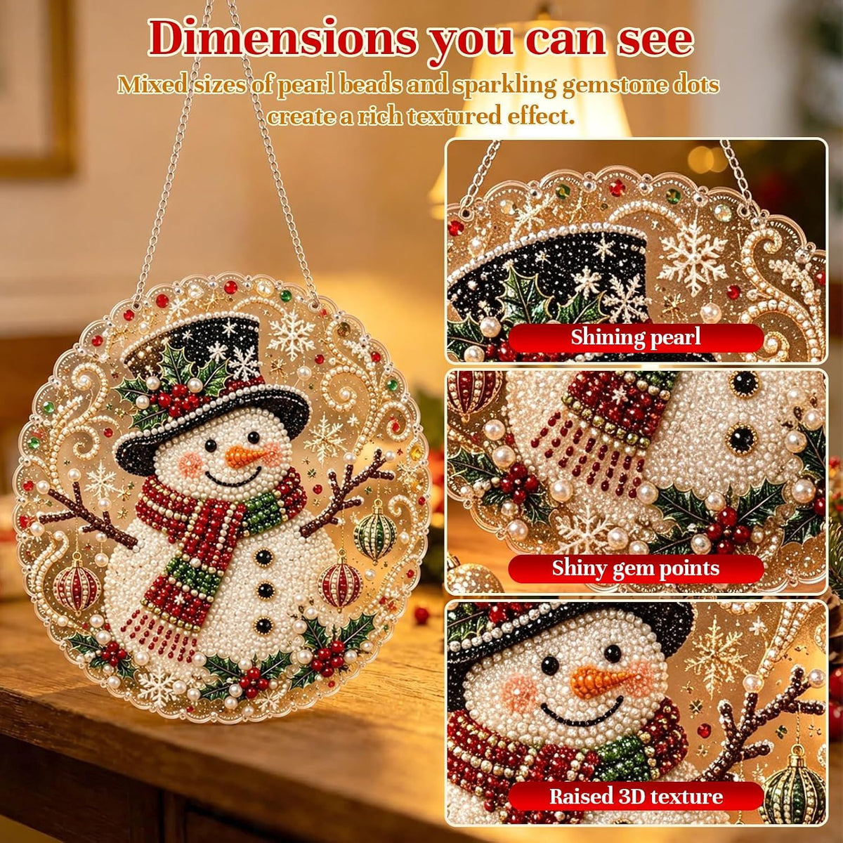 Christmas Pearl Diamond Art Painting Suncatch Kit,DIY Craft (8in) | Pre-Assembled Metal Chain,Acrylic Round Board with Lace Edge,3D Mixed-Sized Pearl Beads Craft,Festive Window Wall Decor (Snowman)