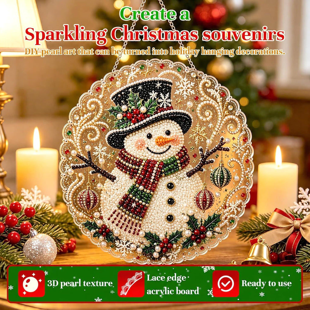 Christmas Pearl Diamond Art Painting Suncatch Kit,DIY Craft (8in) | Pre-Assembled Metal Chain,Acrylic Round Board with Lace Edge,3D Mixed-Sized Pearl Beads Craft,Festive Window Wall Decor (Snowman)